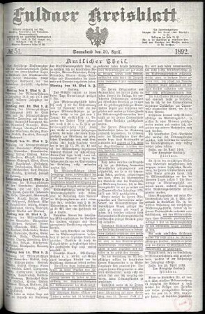 Erste Ausgabe vom Samstag, den 30. April 1892.