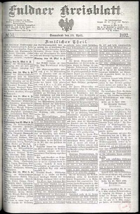 Erste Ausgabe vom Samstag, den 30. April 1892.