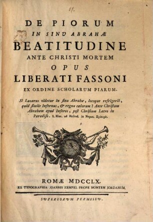De piorum in Sinu Abrahae beatitudine ante Christi mortem opus