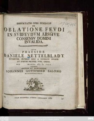 Dissertatio Ivris Fevdalis De Oblatione Fevdi In Svbfevdvm Absqve Consensv Domini Invalida