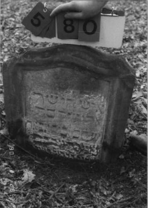 Grabstein 580 (Index: 100115318) Material: Sandstein Zustand: stark verwittert Maße HxBxT: 55x52x9 cm Beschreibung: Stele mit eingezogenem Segmentbogenabschluß, eingetieftes Schriftfeld: Grabstein 580