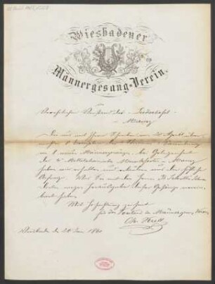 Brief an Franz Schott und Mainzer Liedertafel : 26.06.1861