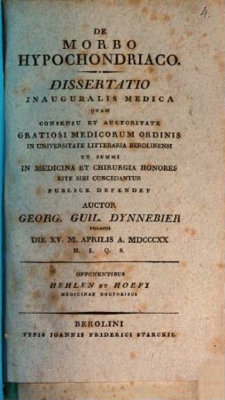 De morbo hypochondriaco : Dissertatio inauguralis medica