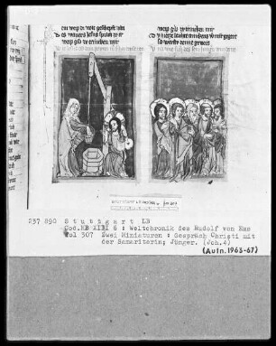 Weltchronik - Bruder Philipp — ---, Folio 256recto-342verso---, Folio 256recto-342versoTextseite mit zwei Miniaturen zur Begegnung Christi mit der Samariterin, Folio 307recto