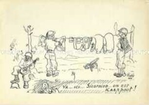 Postkarte mit Karikatur: deutscher Soldat im Schützengraben, über dem Engländer und Amerikaner Wäsche aufhängen