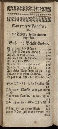 Das zweyte Register, über die Lieder, so hierinnen begriffen.