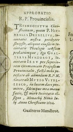 Approbatio R. P. Provincialis.