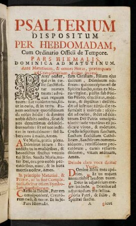 1-155, Psalterium Dispositum Per Hebdomadam, Cum Ordinario Officii de Tempore.
