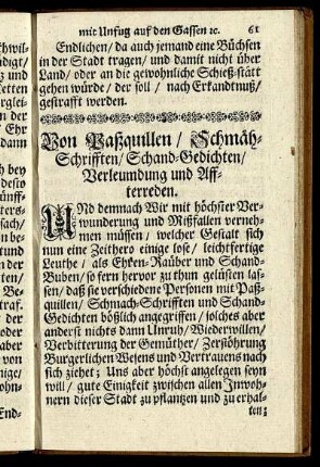 Von Paßquillen / Schmäh-Schrifften / Schand-Gedichten / Verleumdung und Affterreden.
