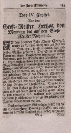 Das IV. Capitel. Von dem Groß-Meister Hertzog von Montagu bis auf den Groß-Meister Richmond.
