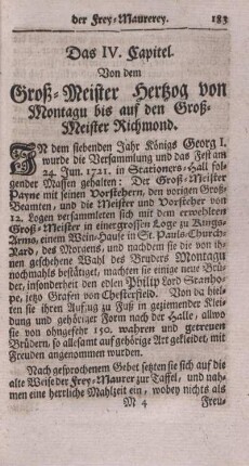 Das IV. Capitel. Von dem Groß-Meister Hertzog von Montagu bis auf den Groß-Meister Richmond.