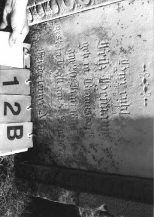 Grabstein 12 (Index: 100113793) Zustand: leichte Beschädigungen am Giebel und am Rand Maße HxBxT: 138x65x30 cm Beschreibung: Stele mit Spitzgiebel, Eierstabfreis um Textteil, Kettenfries am Giebel, vertiefter Textteil Symbolik: 3 Mohn(?)blüten mit Band im Giebel: Grabstein 12B