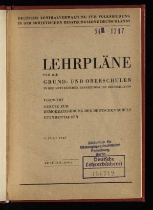 1946: Vorwort, Gesetz zur Demokratisierung der Deutschen Schule, Stundentafeln