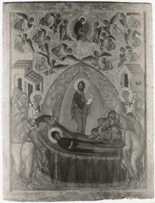 Entschlafen der Gottesmutter : Entschlafen der Gottesmutter. Ikonenmalerei; 112,8 x 88 cm (1401/1500; Schule von Twer). Moskau: Tretjakow-Galerie