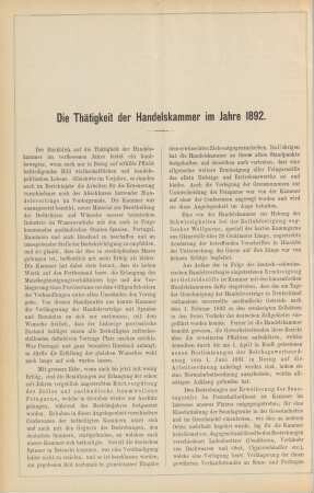 Die Thätigkeit der Handelskammer im Jahre 1892.