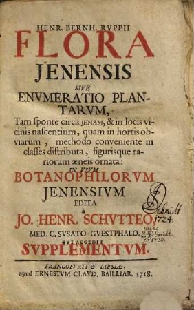 Henr. Bernh. Ruppii Flora Ienensis Sive Enumeratio Plantarum, Tam sponte circa Ienam, & in locis vicinis nascentium, quam in hortis obviarum : methodo conveniente in classes distributa, figurisque rariorum aeneis ornata