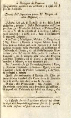 Decreto dell' Imperadore contro M. Maigrot ed altri missionari