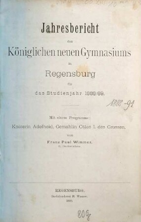 Jahresbericht : für das Schuljahr .... 1888/89