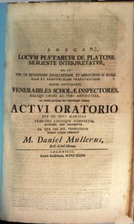 Locum Plutarchi de Platone moriente interpretatur