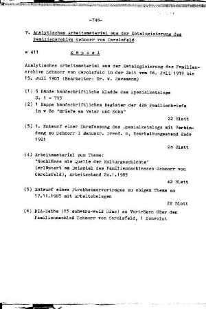 V. Analytisches Arbeitsmaterial aus der Katalogisierung des Familienarchivs Schnorr von Carolsfeld ( w 411)