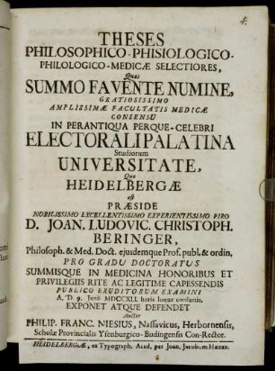 Theses Philosophico-Phisiologico-Philologico-Medicæ Selectiores, Quas Summo Favente Numine