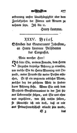 XXXV. Brief - Schreiben des Gouverneurs Johnstone an Henry Lawrence