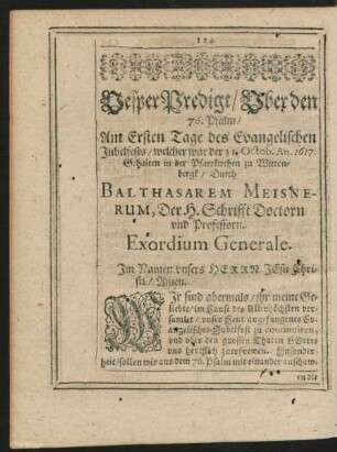 VesperPredigt/ Uber den 76. Psalm Am Ersten Tage des Evangelischen Jubelfests ... Durch Balthasarem Meisnerum ...