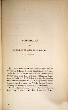 Détermination de la déclinaison et de l'inclinaison magnétique a Bruxelles en 1870; et occultation de Saturne par la lune le 19 avril 1870