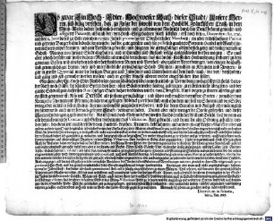 Ob zwar Ein Hoch-Edler, Hochweiser Rath, dieser Stadt, unsere Herren, daß zu Folge der sowohl von dem Hochlöbl. Fränckischen Craiß, in dem Müntz-Wesen dahier heisamlich errichteten, und zu jedermanns Nachricht durch den Druck bekannt gemacht- und affigirter Patenten, als auch der, von Hoch-Edelgedachten Rath selbsten, erst noch den 13. Decembris An. 1726. und den 6. Junii dieses zu Ende eylenden 1727sten Jahrs, promulgirter Oberherrlicher Mandaten, ein jeder rechtschaffener Patriot und getreuer Burger dahin bedacht seyn würde, daß die gute ... Sorten in Handel und Wandel immer mehrers emporkommen ... und hingegen die geringhältige ... und völlig verruffene Scheid-Müntzen von hiesiger Stadt abgehalten, und in Einnahm und Ausgab völlig ausgeschlossen werden mögten; So muß aber jedoch derselbe mit sonderbahrem Mißfallen abermahls vernehmen, daß mit höchst-Sträfflicher Hindansetzung sothaner zu dem gemeinen Besten ... abgeziehlter Verordnungen, von einigen boßhafft- und gewinnsichtigen Leuten, viele und unterschiedliche geringhaltige Scheid-Müntzen .... so gar in grosser Quantität unter die hiesigen Burgere ... verschoben und gäng und geb gemachet werden wollen ... : Decretum in Senatu, den 24. Nov. 1727