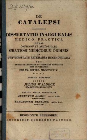 De catalepsi : dissertatio inauguralis medico- practica