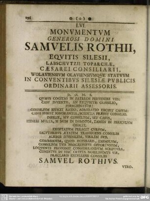 LVI. Monumentum Generosi Domini Samuelis Rothii, Equitis Silesii, Labschutzii Toparchae, Caesarei Consiliarii, Wolaviensium Olaviensiumque Statuum [...]