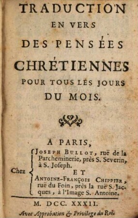 Traduction en vers des Pensées chrétiennes pour tous les jours du mois