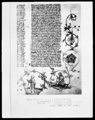 Lateinische Bibel — Buchseite mit historisierter Initiale und zwei Medaillons, Folio 1recto — Alter Mann, Folio 1recto