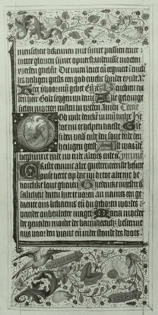 Illumination eines Stundenbuches: Schriftspiegel mit ornamentaler Umrahmung und Initiale mit Verkündigung an die Hirten
