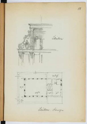 Waage, Leiden: Grundriss, Detail Giebel (aus: Skizzen- und Fotoalbum 27)