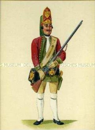 Uniformdarstellung, Grenadier vom Infanterie-Regiment Sachsen-Weimar, Sachsen, 1730.