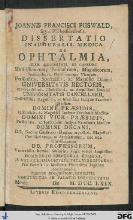 Joannis Francisci Puswald, Styri Pischelstorffensis Dissertatio Inauguralis Medica De Ophtalmia