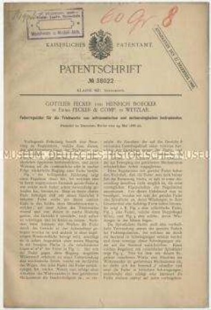 Patentschrift eines Federregulators für Triebwerke von astronomischen und meteorologischen Instrumenten, Patent-Nr. 38022