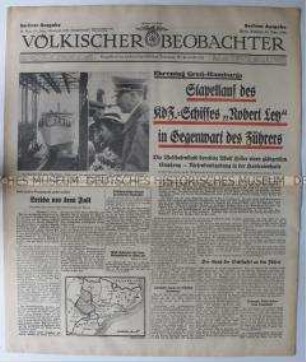 Tageszeitung "Völkischer Beobachter" zum Spanischen Bürgerkrieg und zum Stapellauf des KdF-Schiffes "Robert Ley" in Hamburg im Beisein von Hitler