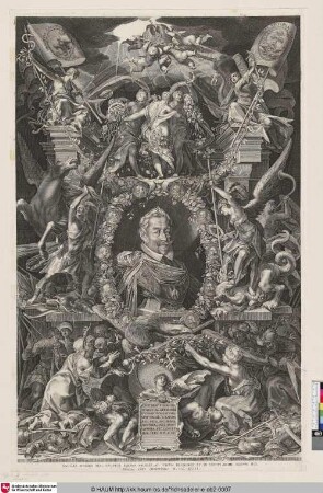 Büste von Kaiser Matthias, umringt von einer Girlande mit Medaillon-Porträts]
