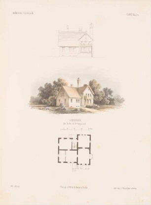 Landhaus, Heringsdorf: Grundriss, Perspektivische Ansicht, Ansicht (aus: Architektonisches Skizzenbuch, H. 6, 1852)