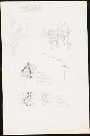 Alhambra, Granada (?): Ornamentdetails: Bogenzwickel, Bogenstirn (mit Schnitt), geometrische Ornamente mit Farbangaben
