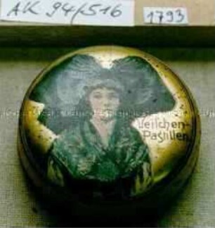 Automaten-Blechdose für "Veilchen-Pastillen" (Abbildung einer Dame in Tracht mit großer Haube)