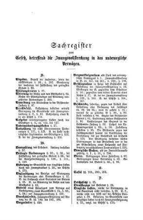 Sachregister zum Gesetz, betreffend die Zwangsvollstreckung in das unbewegliche Vermögen.