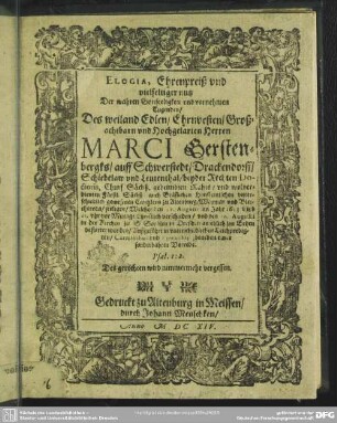 Elogia, Ehrenpreiß und vielfeltiger nutz der wahren Gottseeligkeit Marci Gerstenbergks