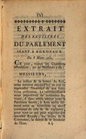 Extrait Des Registres Du Parlement Séant A Bordeaux : [8 - 12 Mars 1762]
