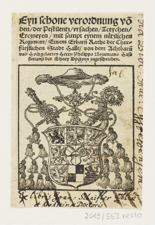 Eyn schone verordnung vo[n] den, der Pestilentz, vrsachen, Zceychen, Erczneyen