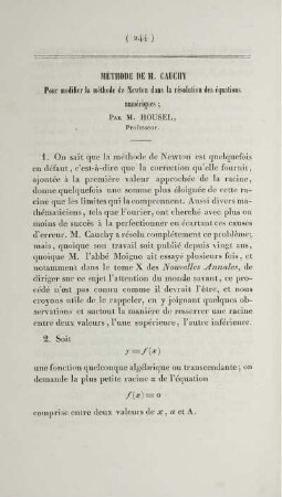 Méthode de M. Cauchy pour modifier la méthode de Newton dans la résolution des équations numériques.