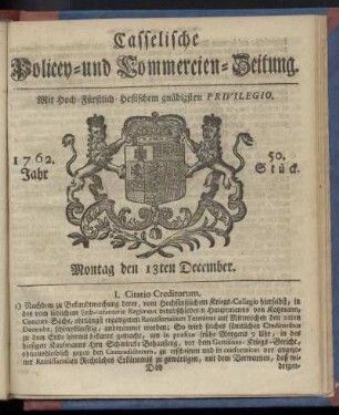 50. Stueck, Montag den 13ten December 1762