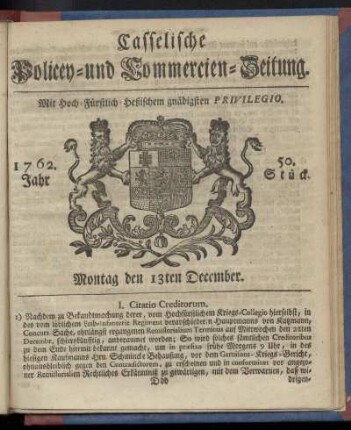 50. Stueck, Montag den 13ten December 1762